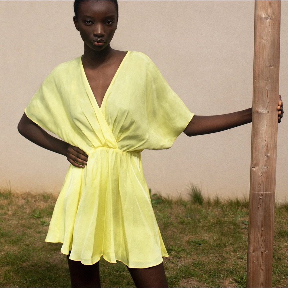 Zara satin dolmain sleeve dress yellow